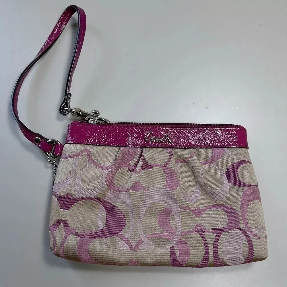 Coach Purple  Canvas Wristlet Leather Trim Wallet